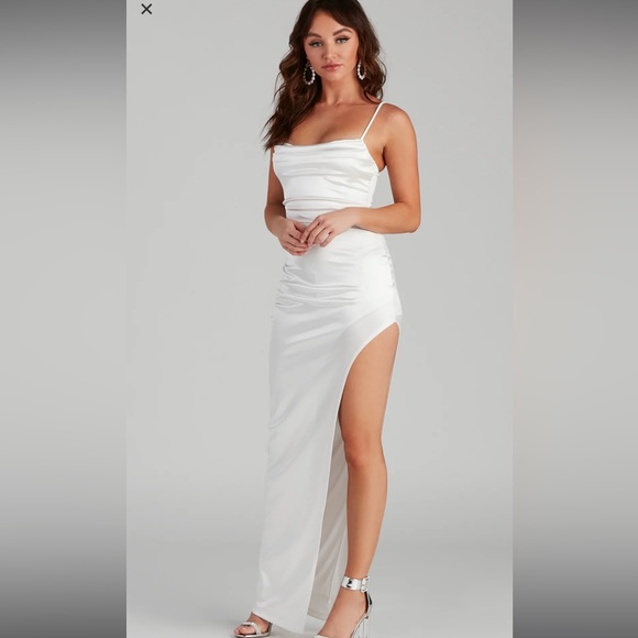 Windsor Lola High Slit White Satin Dress - Picture 1 of 5